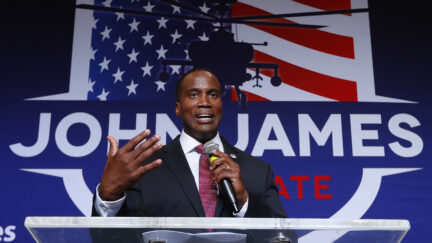Republican U.S. Senate candidate John James speaks at a primary night election party in Detroit, Tuesday, Aug. 7, 2018.